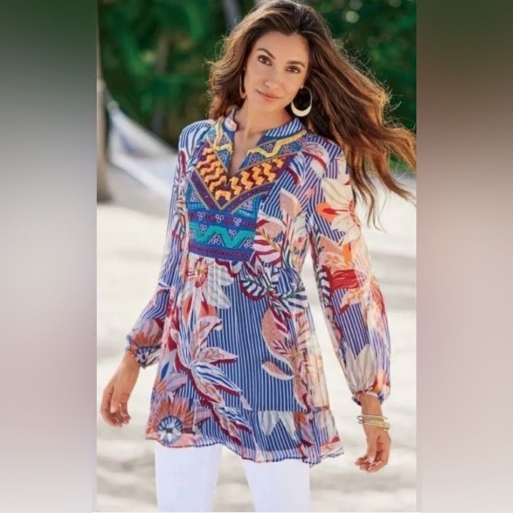 Soft Surroundings Tory Tunic Floral Embroidered Sheer Long Sleeve Sz 2X